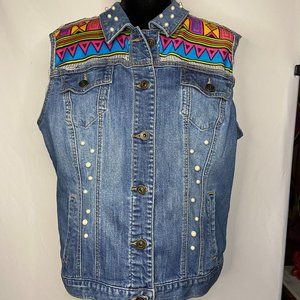 Upcycled Distressed Denim African Ankara Wax /Pearls Vest Size XL